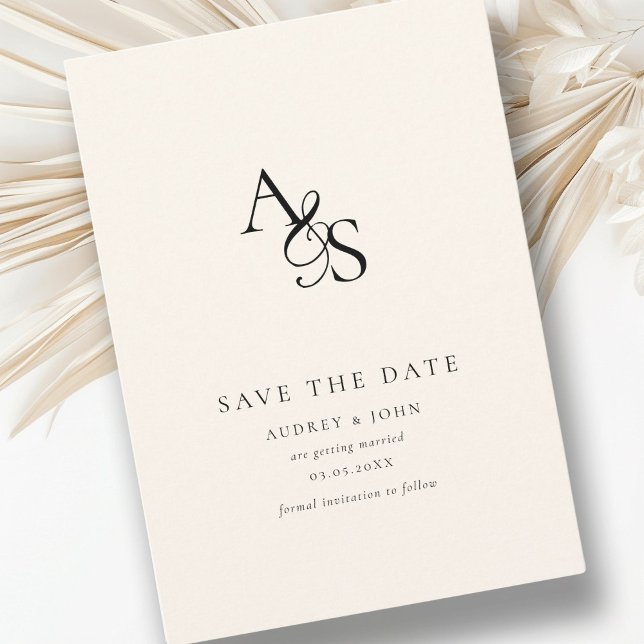 Reserve A Data Elegante, Clássico, Monograma, Bege, Casamento (Elegant, classic, monogram, beige, Save the Date Card. Print + Download available.)