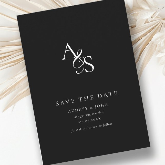 Reserve A Data Elegante, Clássico, Monograma, Preto, Casamento (Elegant, Classic, Monogram, White, Wedding Save The Date.  Black + White, Print & Download.)