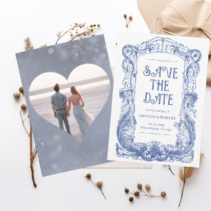 Reserve A Data Elegante Coluna Azul Barroca Floral de Casamento