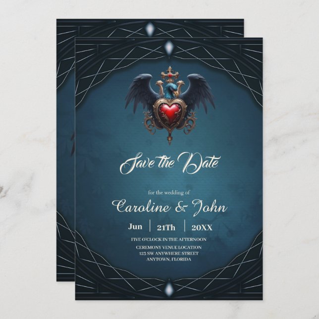 Reserve A Data Elegante coração gótico com pássaro fantasma. (Frente/Verso)