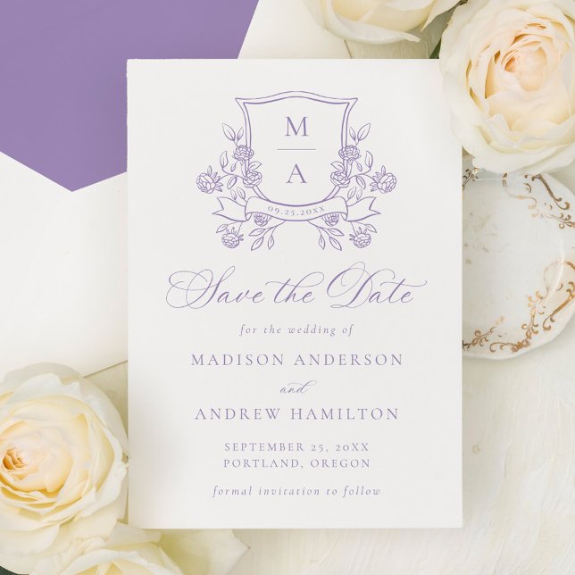 Reserve A Data Elegante Crista Floral Roxa para Casamento (Criador carregado)