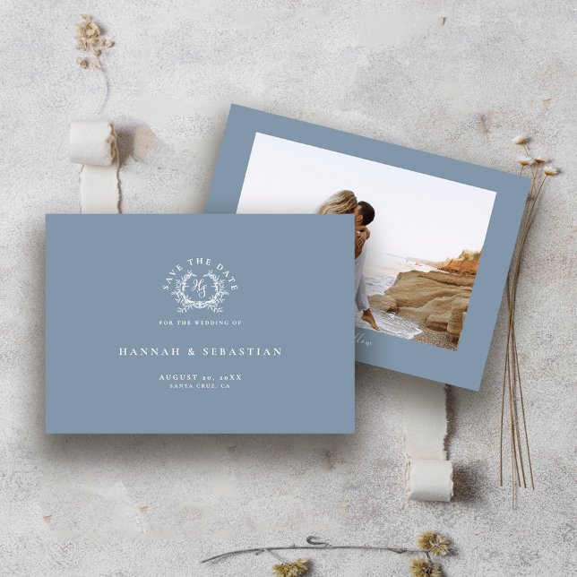 Reserve A Data Elegante Crista Monogramada de Casamento em Azul P (Criador carregado)