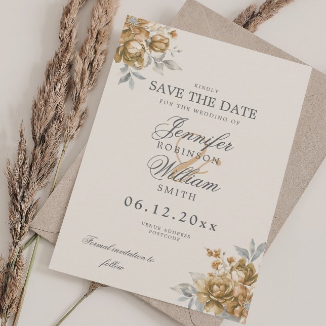 Reserve A Data Elegante data de casamento ouro floral rústico (Elegant Wedding Gold Rustic Floral Save Date Save The Date)