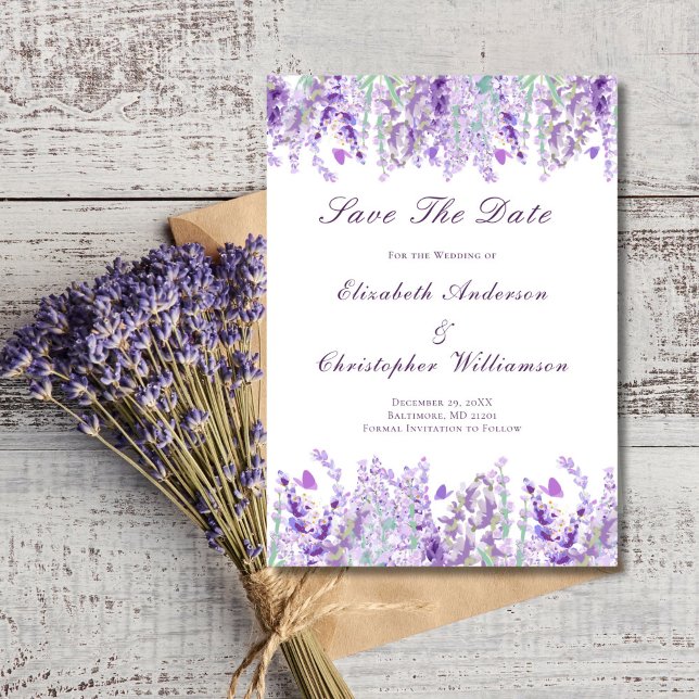 Reserve A Data Elegante de Aquarela Verde Roxo-lavanda (Lavender greenery watercolor floral, Wedding Save the Date invitation card. )