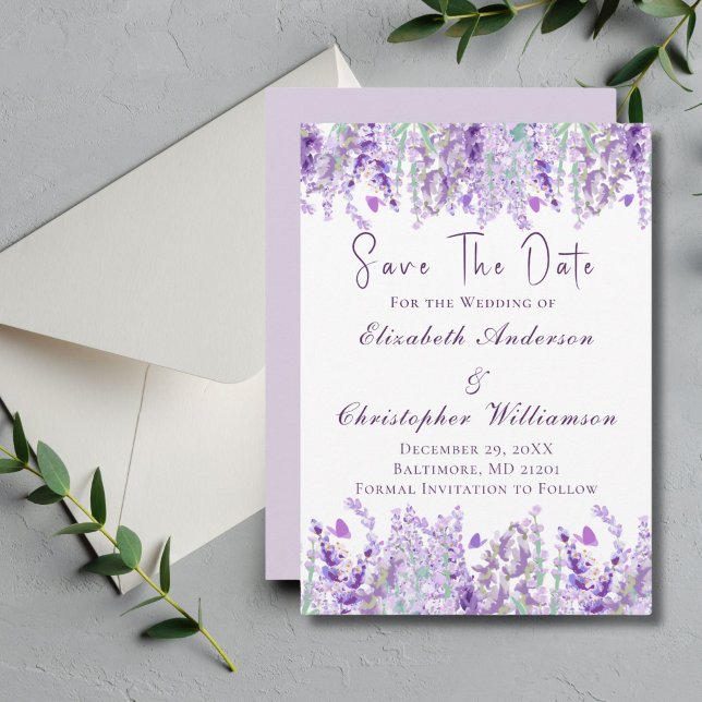 Reserve A Data Elegante de Aquarela Verde Roxo-lavanda (Lavender Greenery Watercolor Floral Wedding Save the Date Card Invitation)