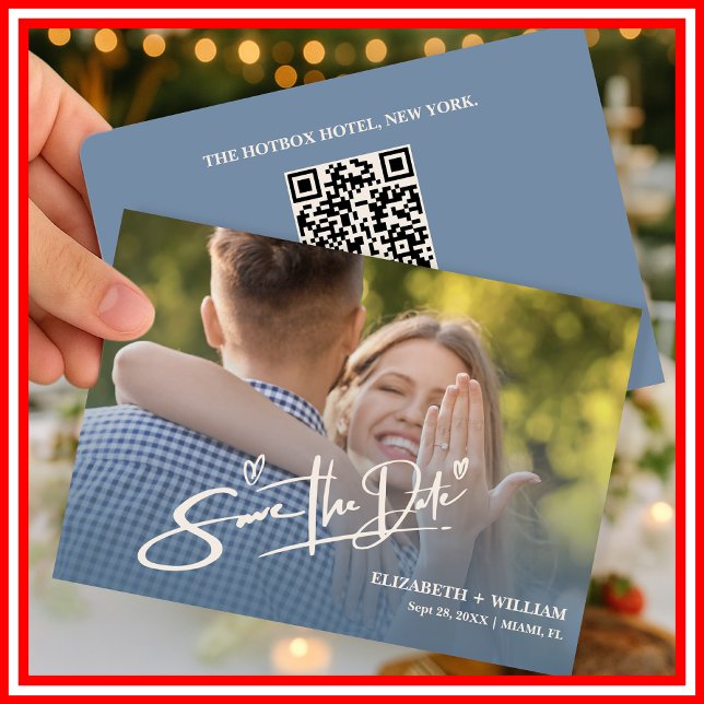 Reserve A Data Elegante de Código QR de Foto de Casamento Azul Du (Criador carregado)