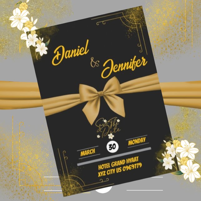 Reserve A Data Elegante Dourado e Preto Com Casamento Floral Bran (Criador carregado)