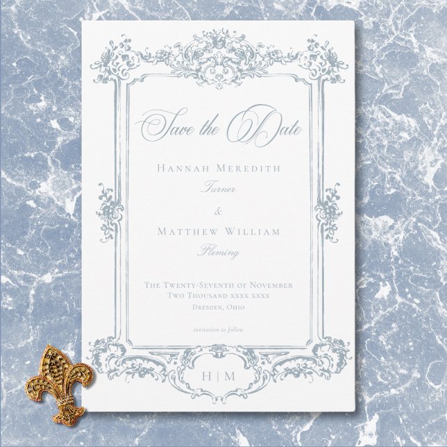 Reserve A Data Elegante Dusty Blue Chinoiserie Querubim Casamento (Elegant Dusty Blue Chinoiserie Cherub Wedding Save The Date)
