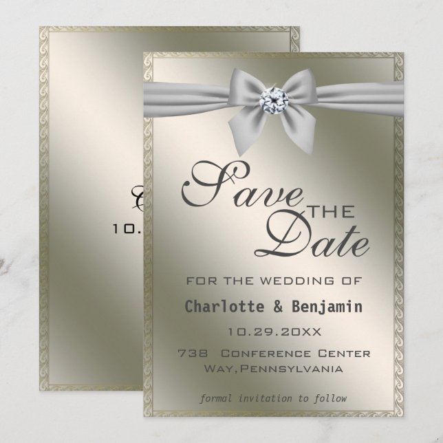 Reserve A Data Elegante Faixa de Prata & Save The Date de Pedra P (Frente/Verso)