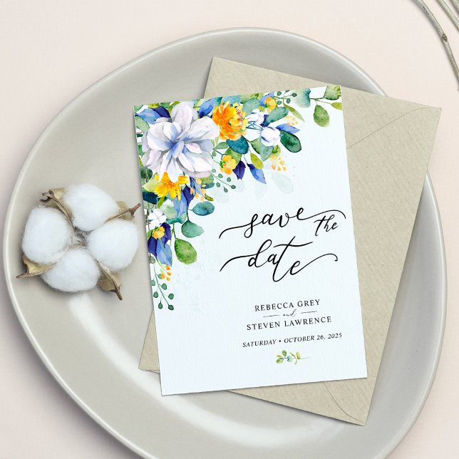 Reserve A Data Elegante floral amarelo branco azul casamento (Criador carregado)