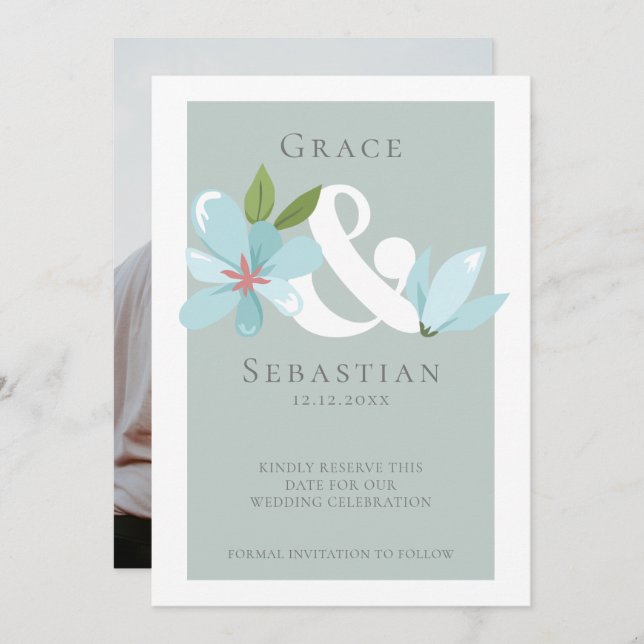 Reserve A Data Elegante Floral Ampersand Weding The Date (Salvar  (Frente/Verso)