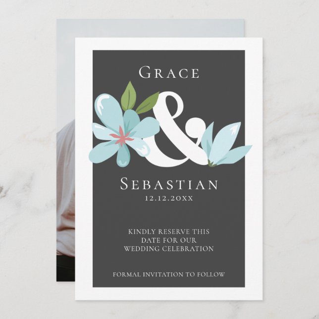 Reserve A Data Elegante Floral Ampersand Weding The Date (Salvar  (Frente/Verso)