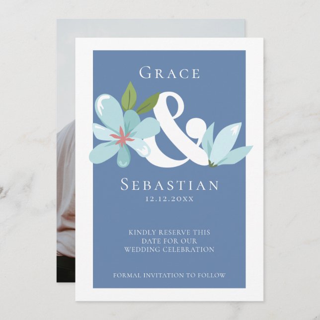 Reserve A Data Elegante Floral Ampersand Weding The Date (Salvar  (Frente/Verso)