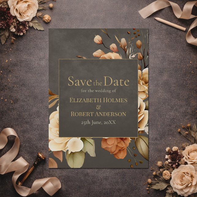 Reserve A Data Elegante Floral Bege Salve o Dia (Elegant Taupe Floral Save the Date on a dark table with flowers)