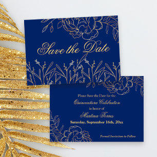Reserve A Data Elegante Floral de Arte Fina em Azul Real e Dourad