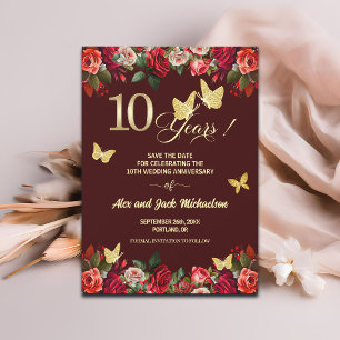 Reserve A Data Elegante Floral Dourado 10º Aniversário de Casamen