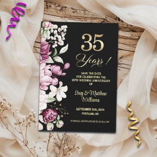 Reserve A Data Elegante Floral Dourado Aniversário de 35 Anos de