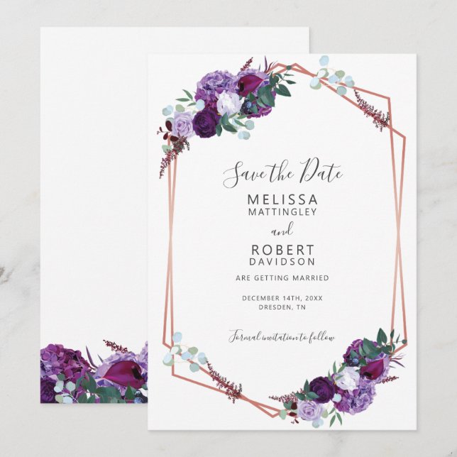 Reserve A Data Elegante Floral Geométrico Roxo Script (Frente/Verso)