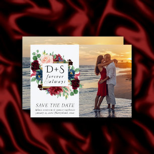 Reserve A Data Elegante Floral   Monograma do Marinho Vermelho Bo