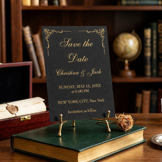 Reserve A Data Elegante Floral Ornamental Preto e Dourado