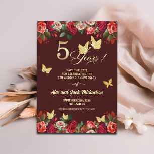 Reserve A Data Elegante Floral Ouro 5º Aniversário de Casamento  