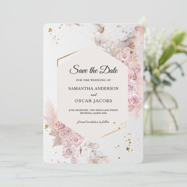 Reserve A Data Elegante Floral Rosa Pastel | Moderno (Em pé/Frente)