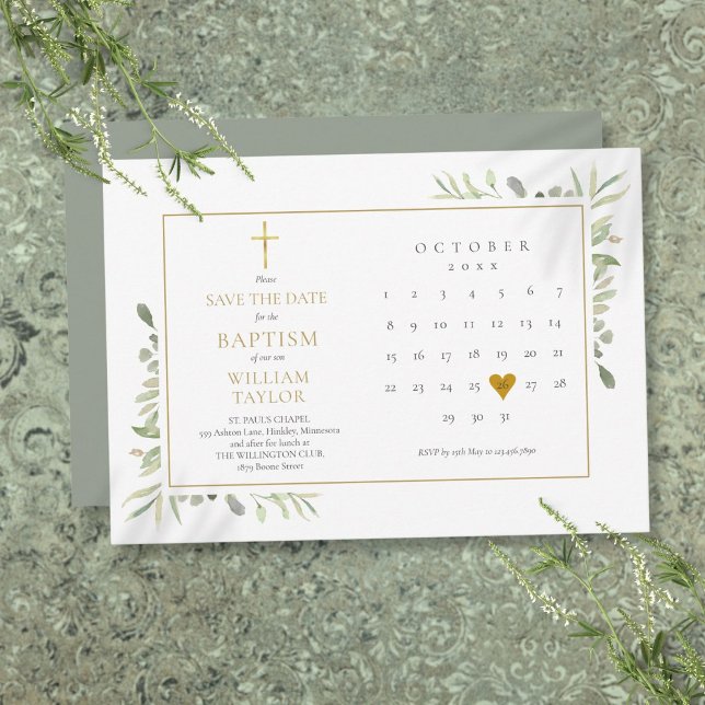Reserve A Data Elegante Floral Verde de Batismo Batizado (Elegant Greenery Floral Baptism Christening Save The Date)
