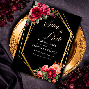 Reserve A Data Elegante floral vermelho preto sombrio Casamento r