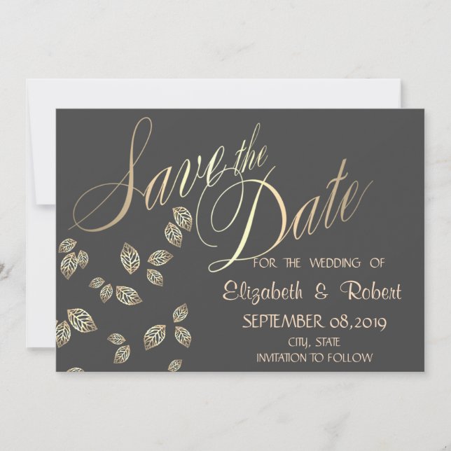 Reserve A Data Elegante Folhas Douradas Chic Salvar Data (Frente)