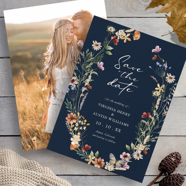 Reserve A Data Elegante Foto Boho Navy Save The Date (Navy Elegant Photo Wildflower Boho Save The Date with Butterfly by Painted Paperie
)