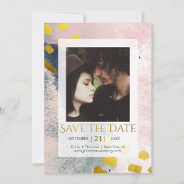 Reserve A Data Elegante Foto Customizada com Dourado Falso e Rosa