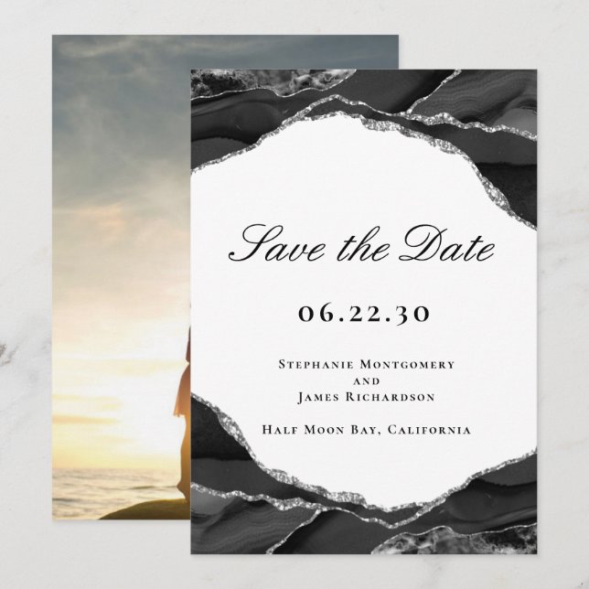 Reserve A Data Elegante Foto de Casamento com Folha de Prata Pret (Frente/Verso)