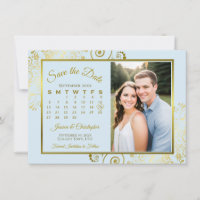 Elegante Foto de Casamento em Calendário Azul e Do