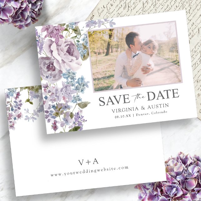 Reserve A Data Elegante Foto de Casamento Lilás (Elegant Lilac Wedding Photo Save The Date Monogram on Back by Painted Paperie
)