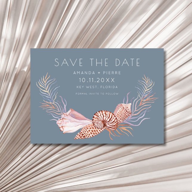 Reserve A Data Elegante Foto de Conchas Marinhas na Praia Casamen (Elegant Seashell Photo Beach Wedding Save the Date)