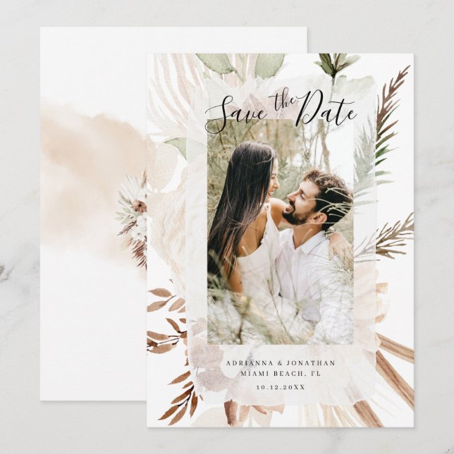 Reserve A Data Elegante Foto Floral Boho Pampas (Frente/Verso)