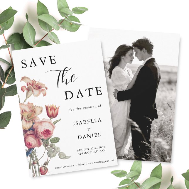 Reserve A Data Elegante Foto Floral de Casamento Salve a Data (The front and back of the invitation shown in a 5x7-inch size. Choose size, paper, and corner style.)