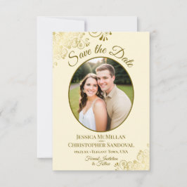 Reserve A Data Elegante Foto Oval em Renda Dourada para Casamento