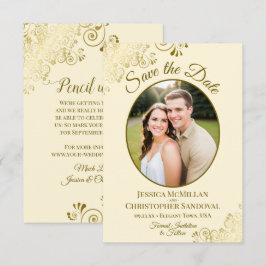 Reserve A Data Elegante Foto Oval em Renda Dourada para Casamento