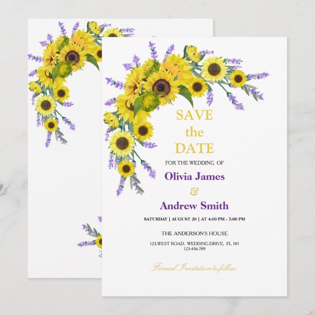 Reserve A Data Elegante Girassol e Lavanda Casamento Salve a Data (Frente/Verso)