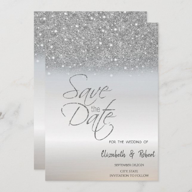 Reserve A Data Elegante Glitter Silver Chic Bokeh Salvar A Data (Frente/Verso)