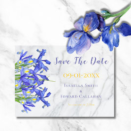 Reserve A Data Elegante Íris Floral Azul em Mármore em Aquarela