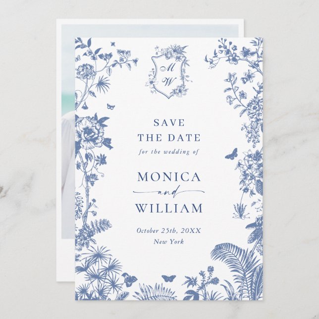 Reserve A Data Elegante Jardim Floral Francês Azul Casamento Foto (Frente/Verso)