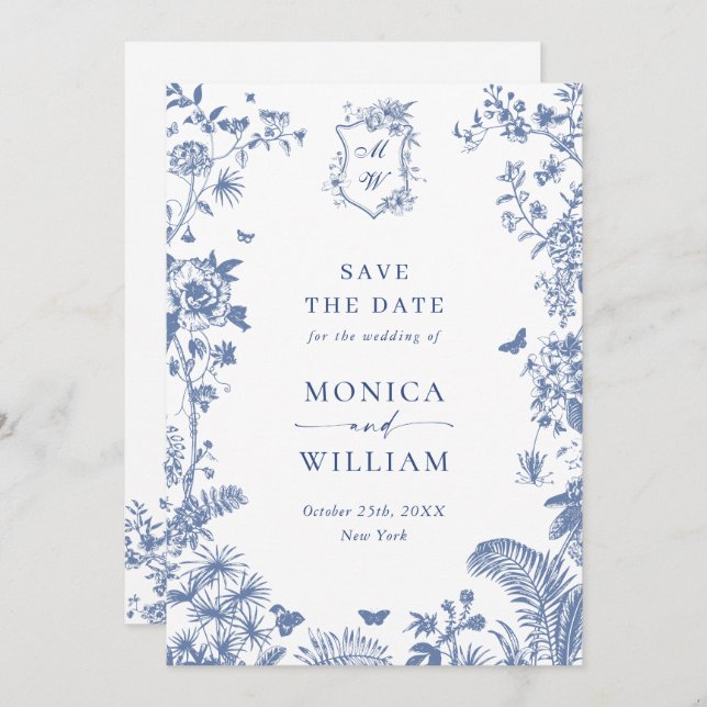Reserve A Data Elegante Jardim Floral Francês Azul Casamento Foto (Frente/Verso)