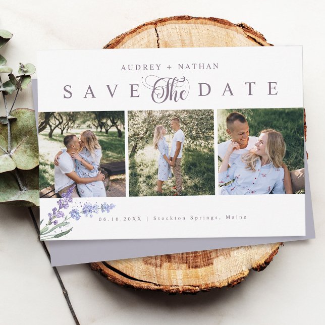 Reserve A Data Elegante Lavanda 3 Fotos (Elegant Lavender 3 Photo Save The Date Card)