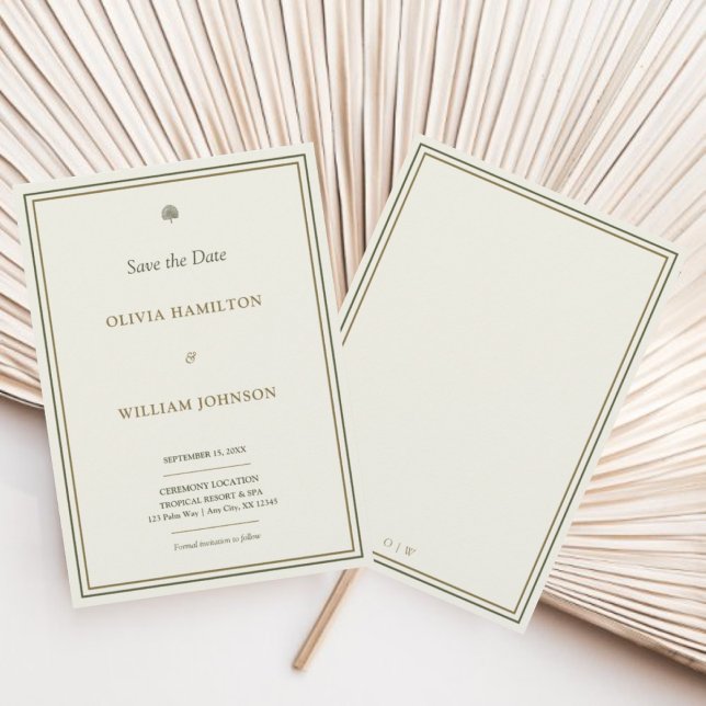 Reserve A Data Elegante Marfim e Ouro Borda Verde 5x7 (Elegant save the date card with monogram back — timeless wedding stationery.)