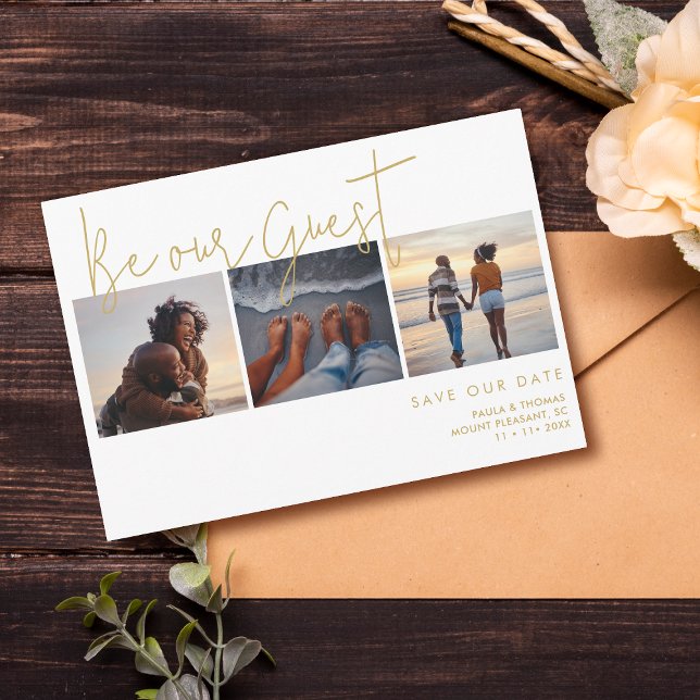 Reserve A Data Elegante Mínimo Falso Efeito Dourado 3 Fotos Casam (Minimal Elegant Fake Gold Effect 3 Photos Wedding Save the Dates Cards with Envelope.)