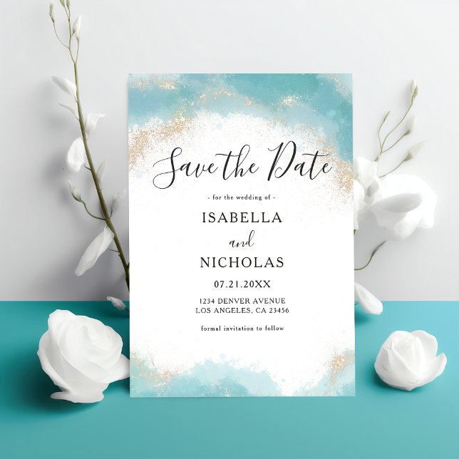 Reserve A Data Elegante Moderno Aquarela Azul Dourado Casamento (Criador carregado)