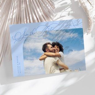Reserve A Data Elegante Moldura Curva Foto Azul Gélido Script I