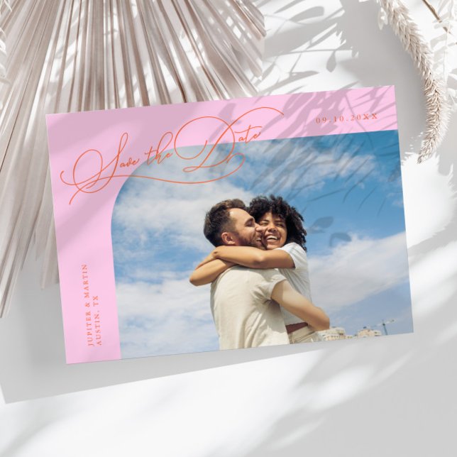 Reserve A Data Elegante Moldura Curva Foto Laranja Rosa Script (Criador carregado)